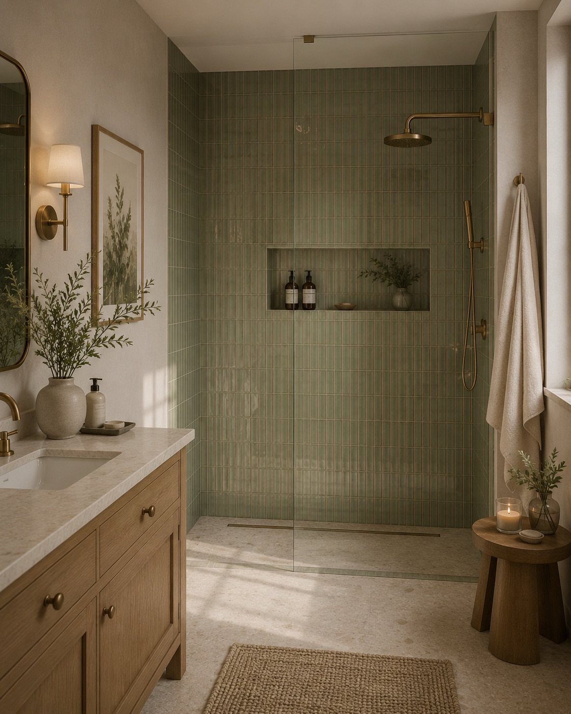 A modern bathroom with sage green tiled shower walls and a wooden vanity unit.