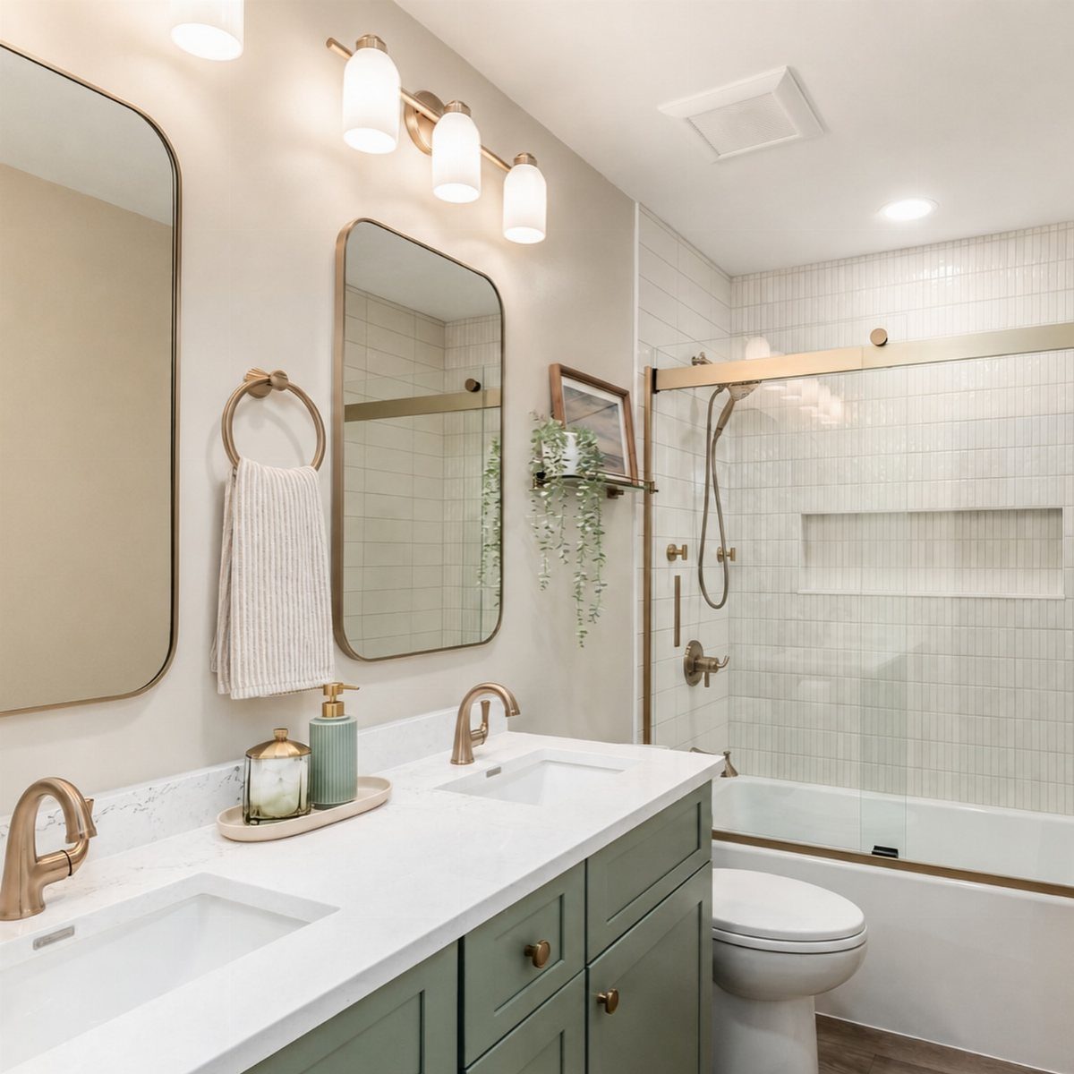 A bright bathroom with a sage green double vanity, white countertops, and gold hardware.