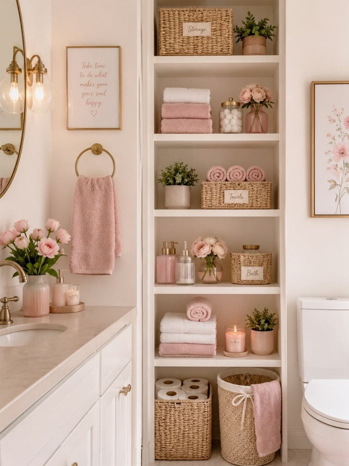 White bathroom vanity and tall white shelving unit filled with pink towels and woven baskets.