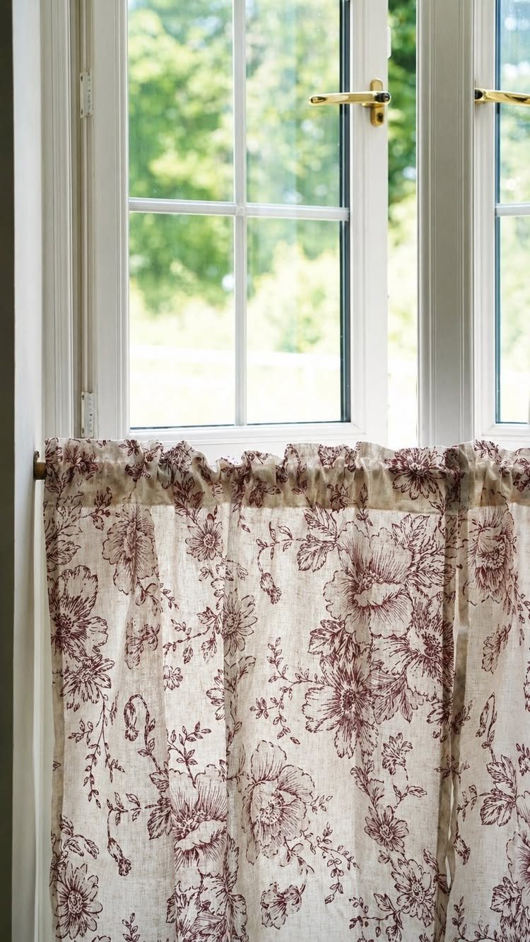 Floral patterned café curtains hanging on a white window overlooking green trees.
