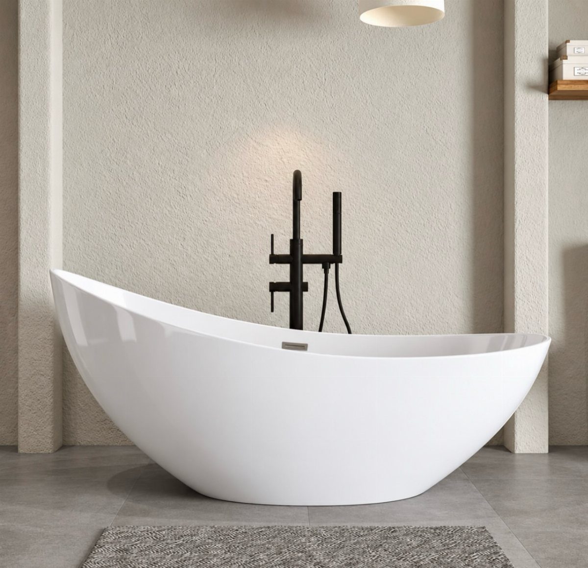 A white freestanding bathtub with a black floor-mounted faucet against a textured beige wall.