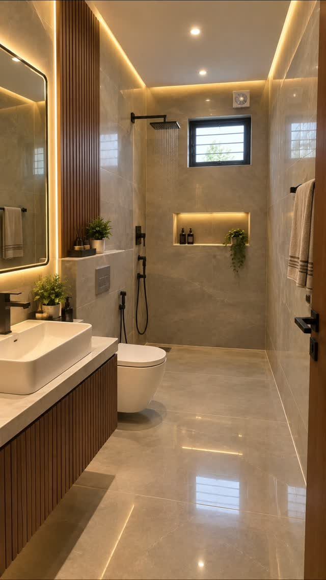 Modern bathroom with wooden vanity, white vessel sink, toilet, and walk-in shower with warm lighting.
