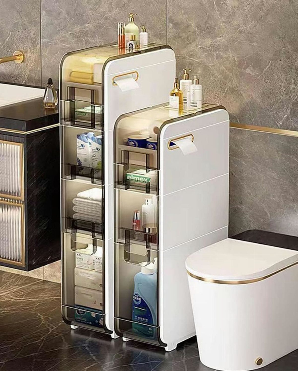 Two slim white and transparent rolling storage carts filled with toiletries in a modern bathroom.