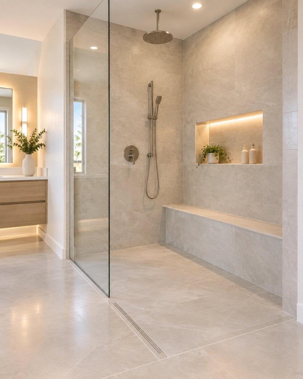A modern walk-in shower featuring seamless beige tiling, a glass wall, and a curbless entry design.