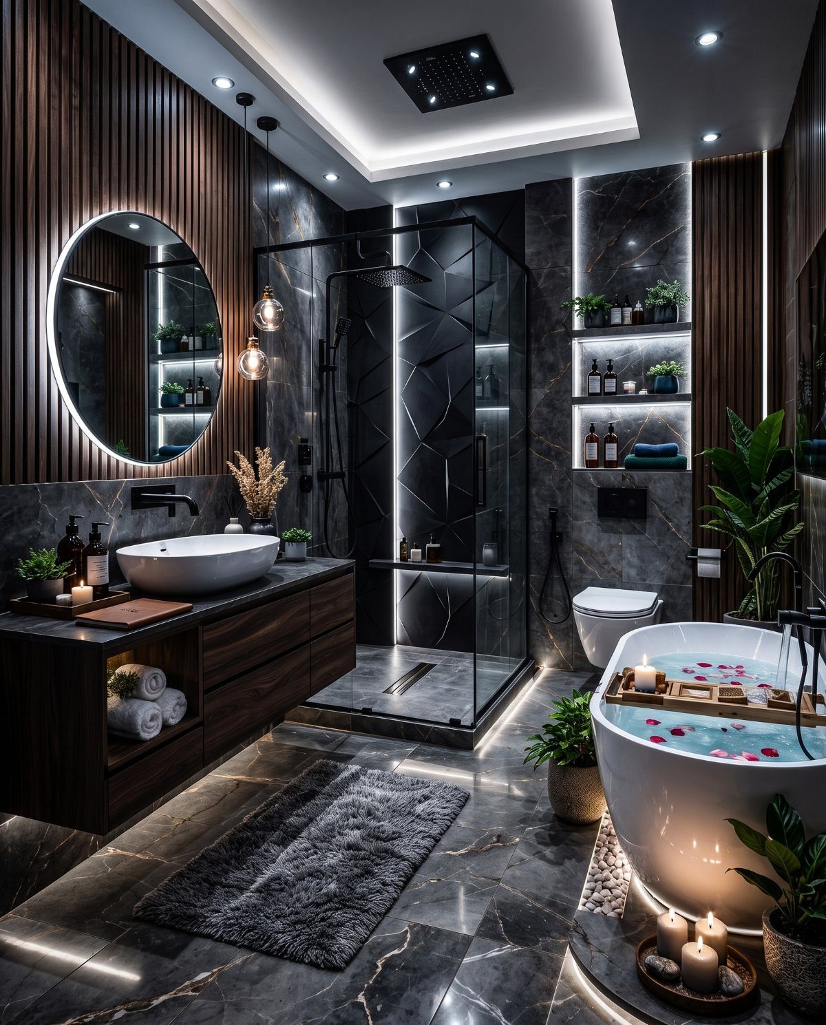 Modern dark bathroom with a backlit circular mirror, pendant lights, and illuminated wall shelving units.