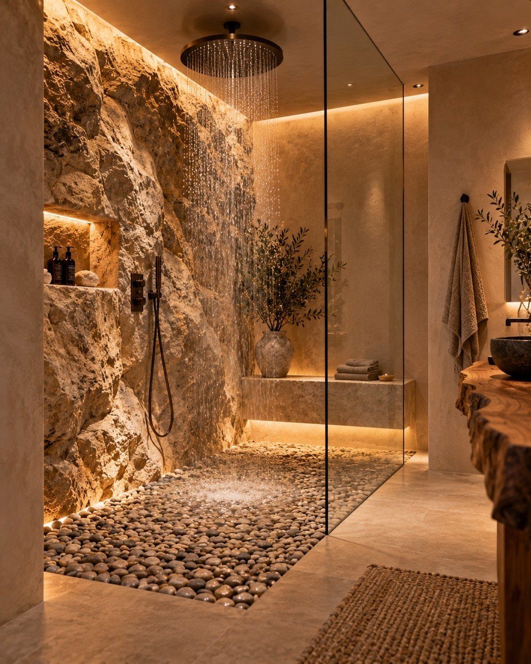 A luxury walk-in shower featuring a rainfall showerhead, stone walls, and a pebble floor.