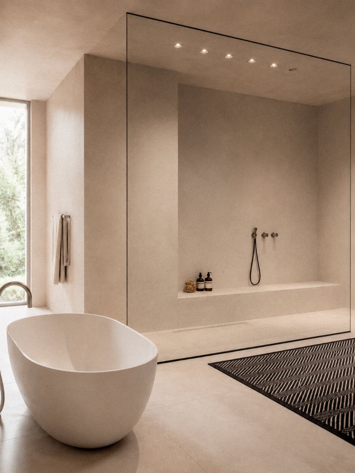 A minimalist bathroom with a white freestanding bathtub and a large glass-enclosed wet room.