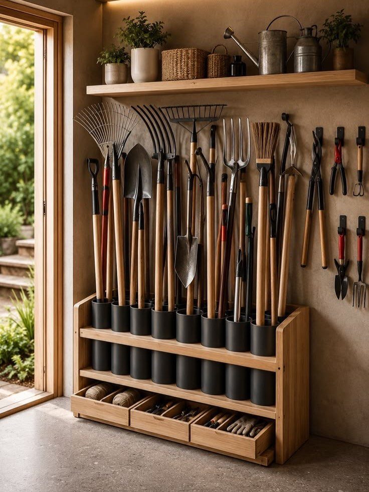 Long-handled garden tools standing upright in a wooden organizer with a shelf above.