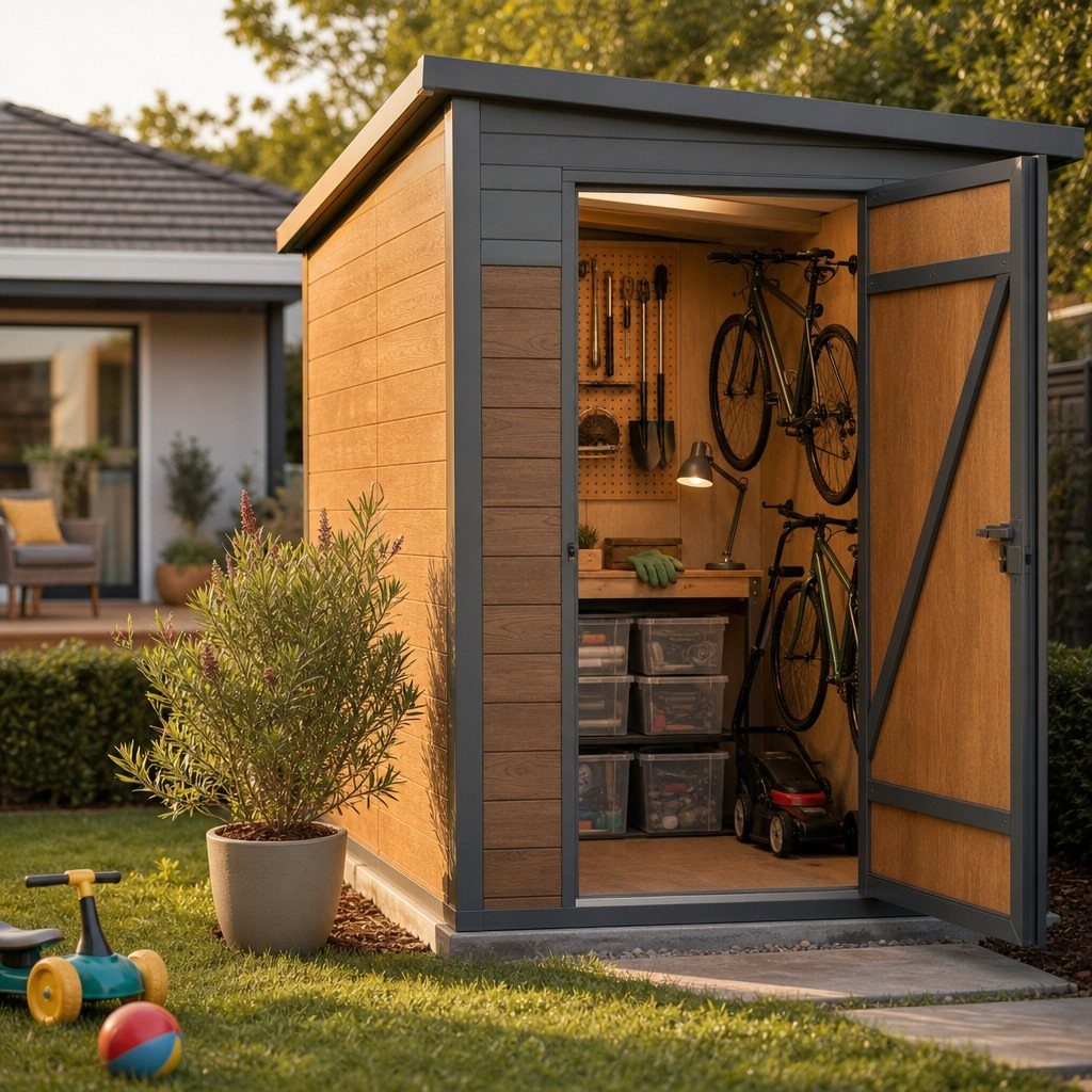 An open garden shed showing organized zones for tools, bicycles, and storage bins inside.