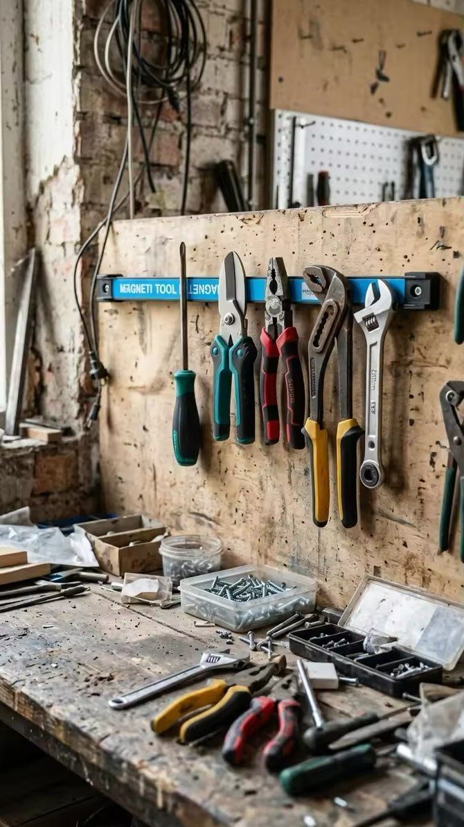 Metal hand tools hanging from a blue magnetic tool strip on a wooden workbench.