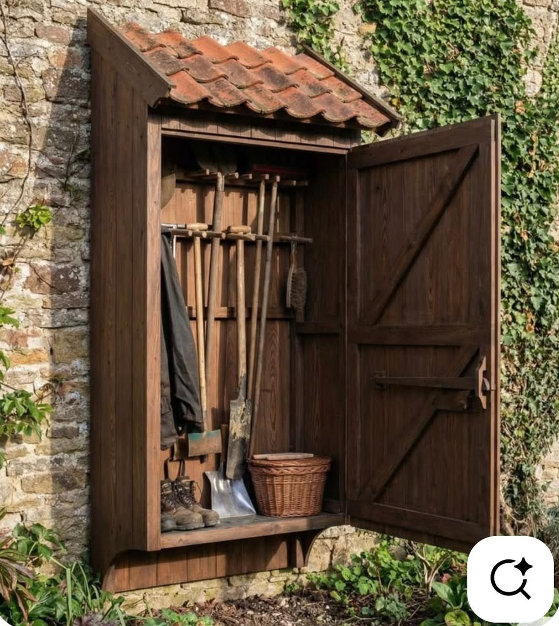 A wooden wall-mounted garden tool cabinet with a tiled roof mounted on a stone wall.