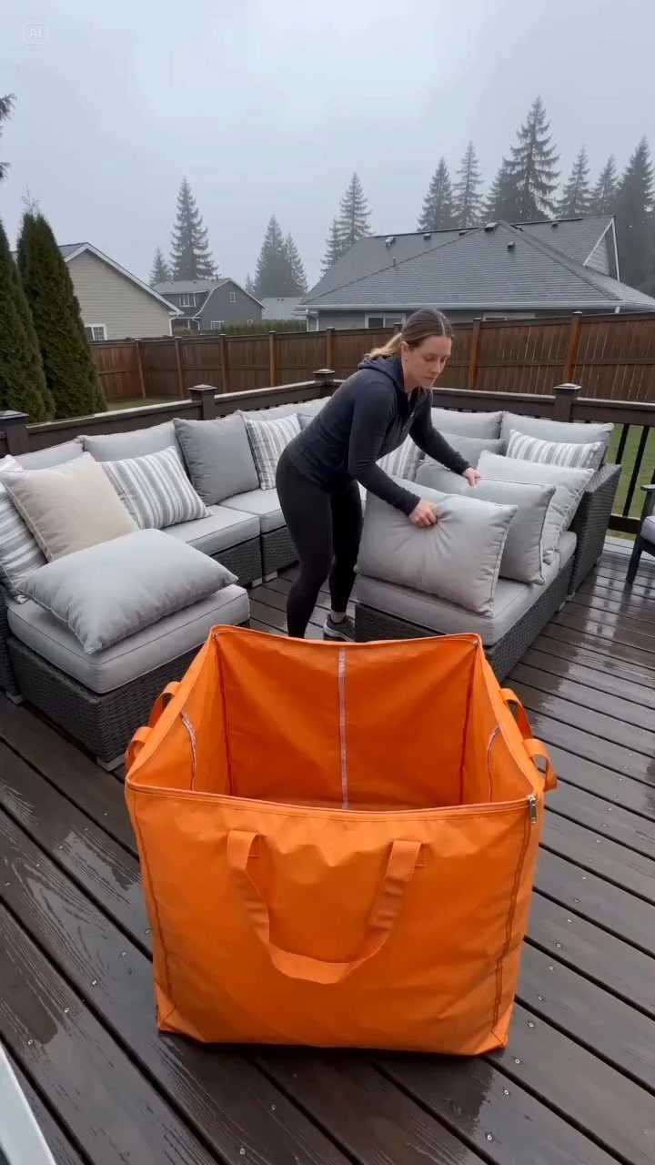 A woman placing grey outdoor cushions into a large orange waterproof storage bag on a deck.