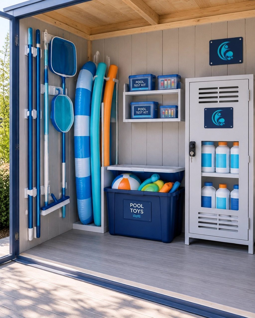 Organized pool storage shed with blue accessories, floats, and a white metal equipment cabinet.