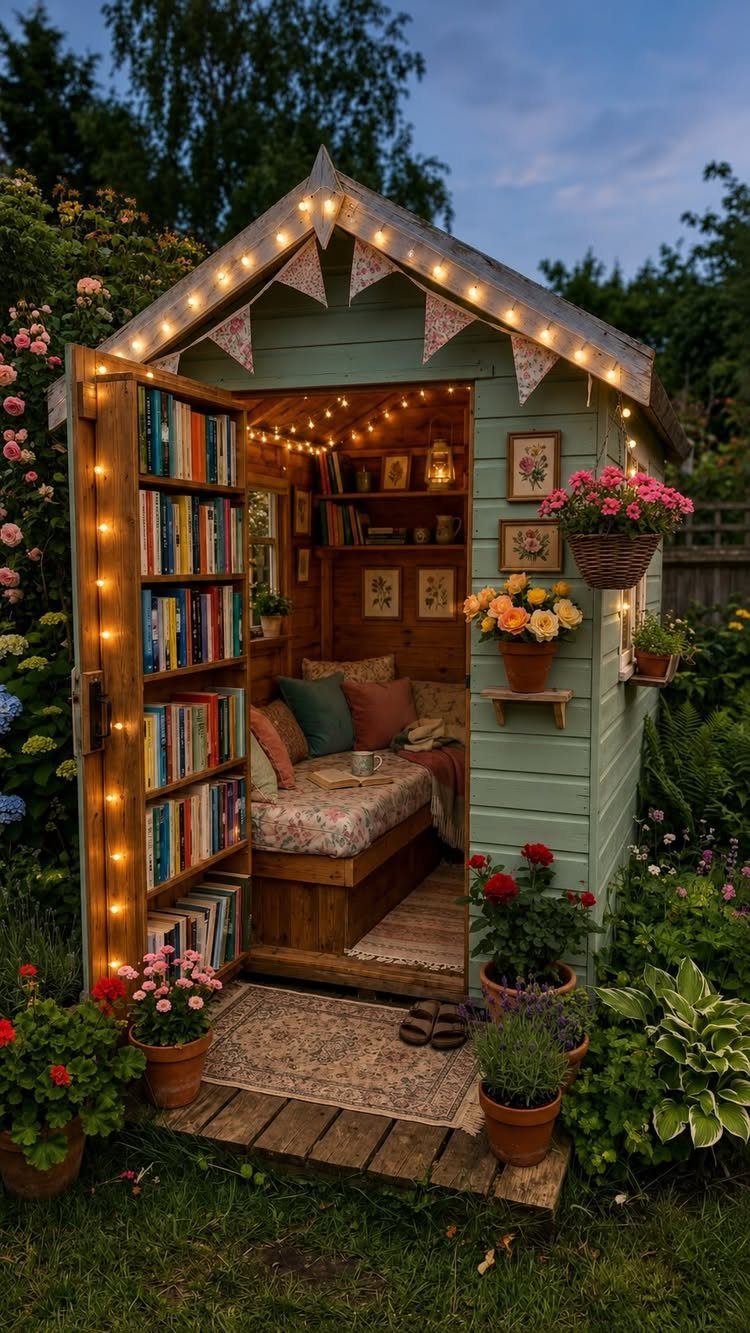 A small green wooden shed with fairy lights containing a cozy seating area and bookshelves.