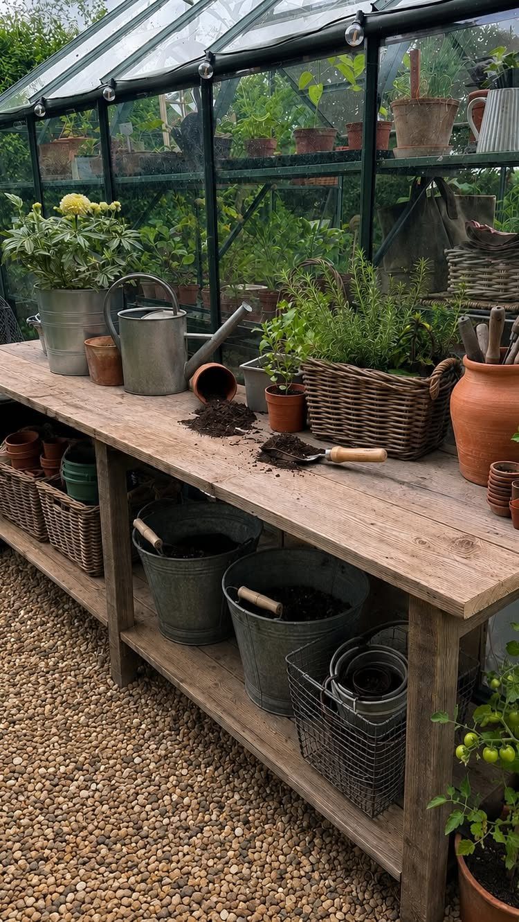 A wooden potting bench holding various gardening tools, terracotta pots, and plants in front of a greenhouse.