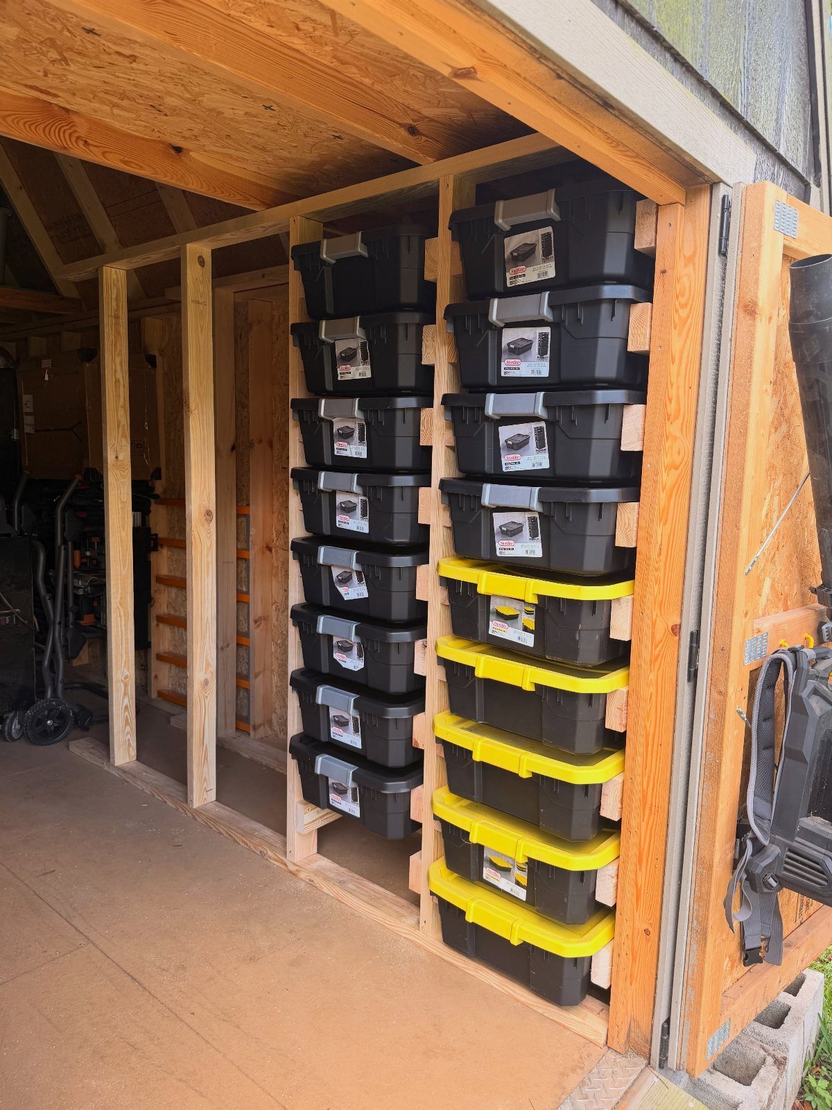 Black and yellow plastic storage bins stacked on wooden shelves inside a garden shed.
