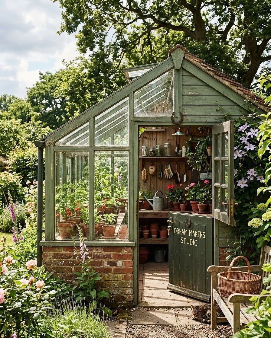 A green wooden greenhouse filled with terracotta pots and gardening tools under leafy trees.