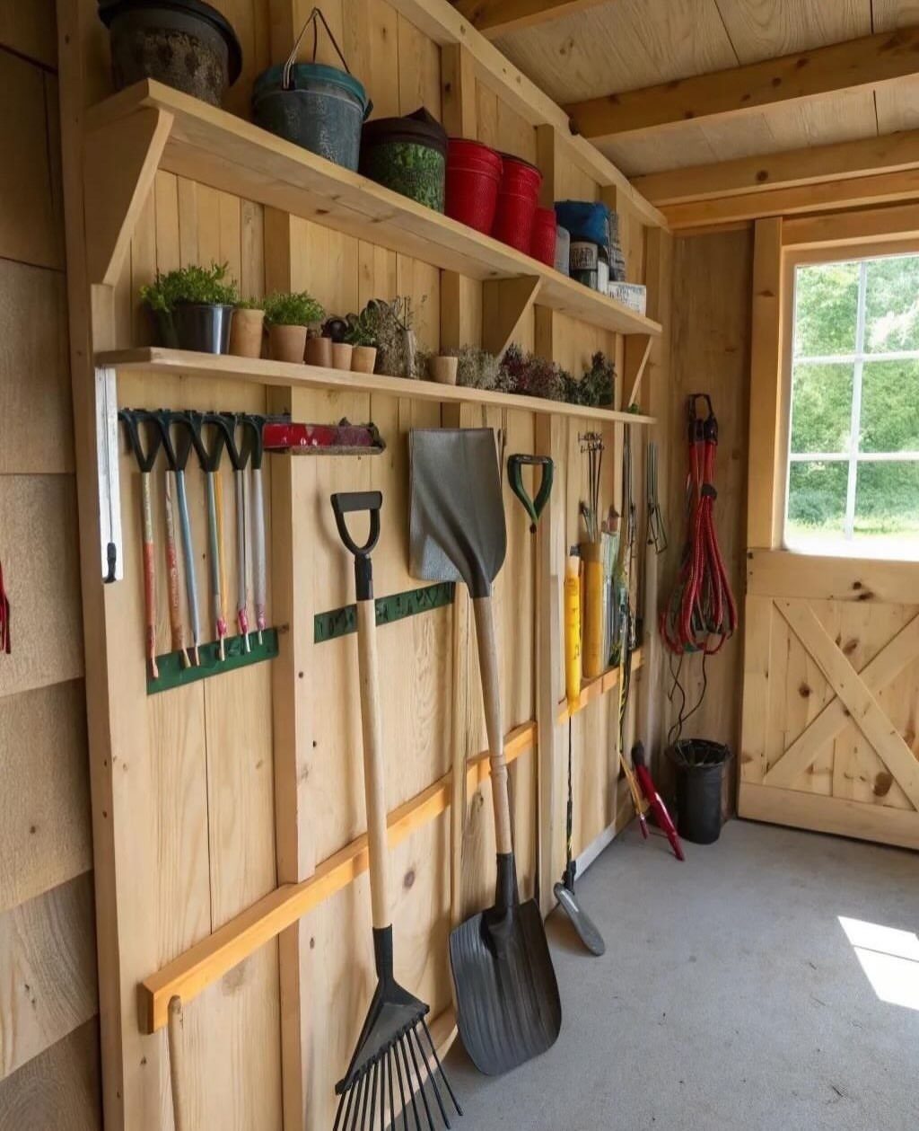 Gardening tools hanging on wall racks and wooden shelves inside a bright timber potting shed.