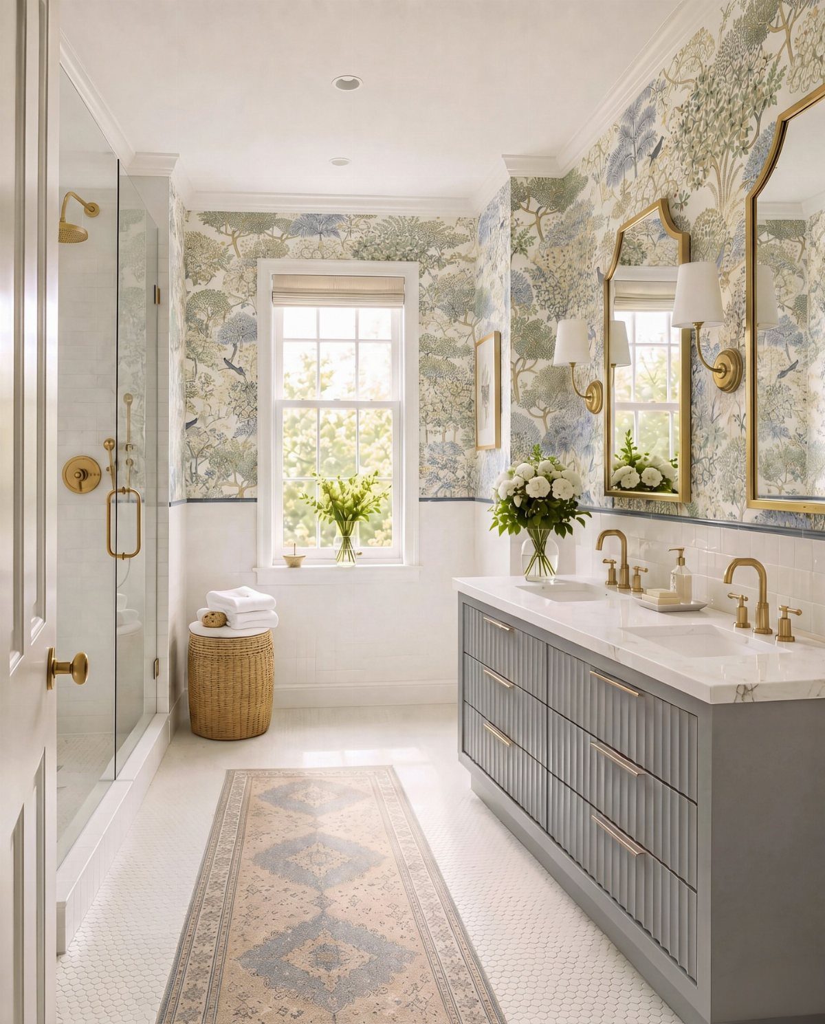 A bright bathroom with floral wallpaper, a grey vanity, and gold fixtures and mirrors.