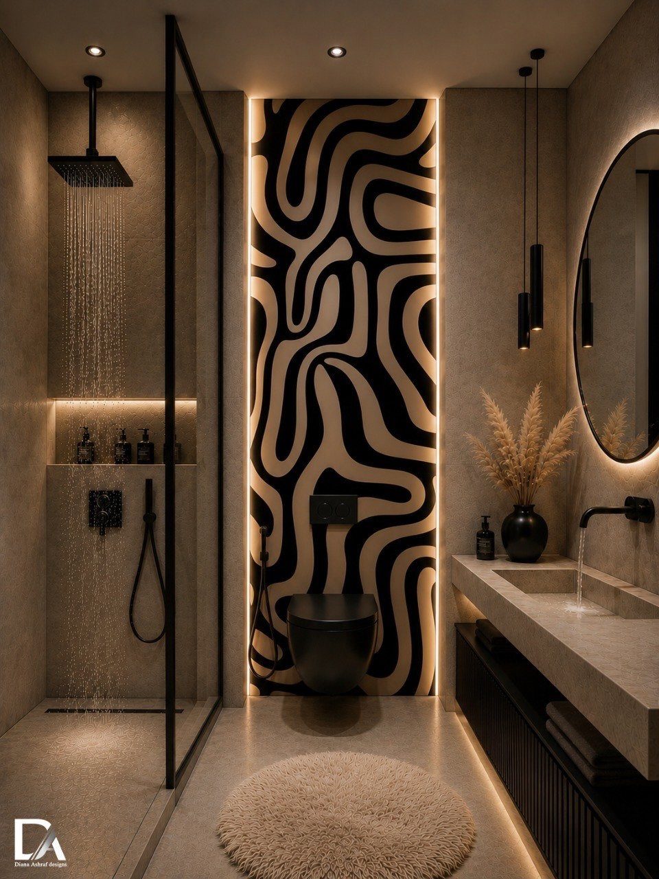 Modern bathroom featuring a large backlit wall panel with a black and beige wavy pattern.