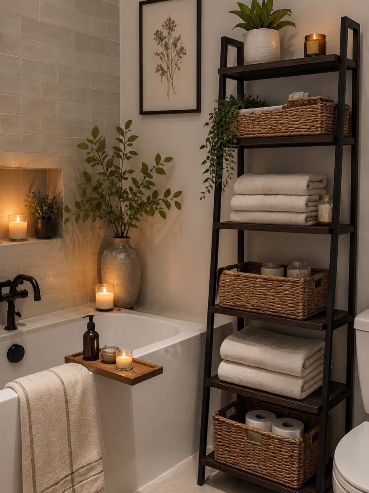 Wicker baskets and folded white towels sit on a black metal ladder shelf next to a bathtub.