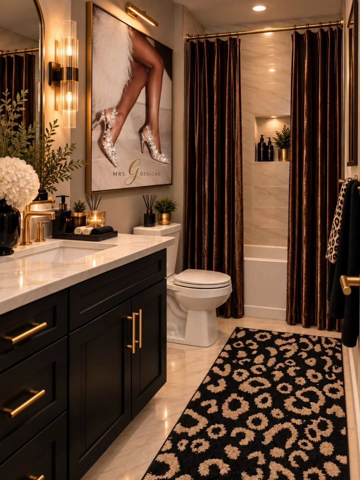 A modern bathroom with black cabinetry, gold handles, leopard print rug, and velvet shower curtains.