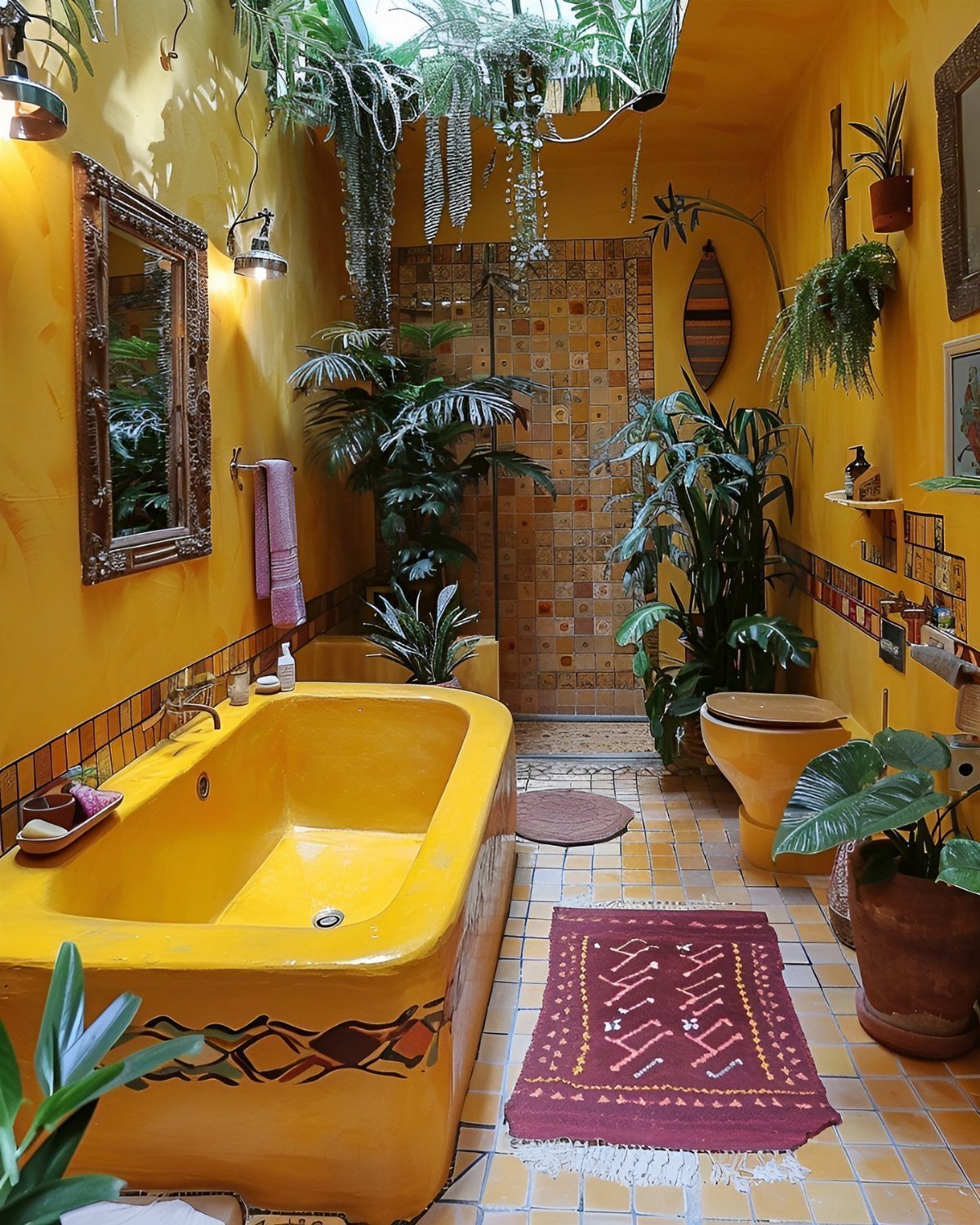 A bright yellow bathroom with a large soaking tub, lush green plants, and patterned floor tiles.