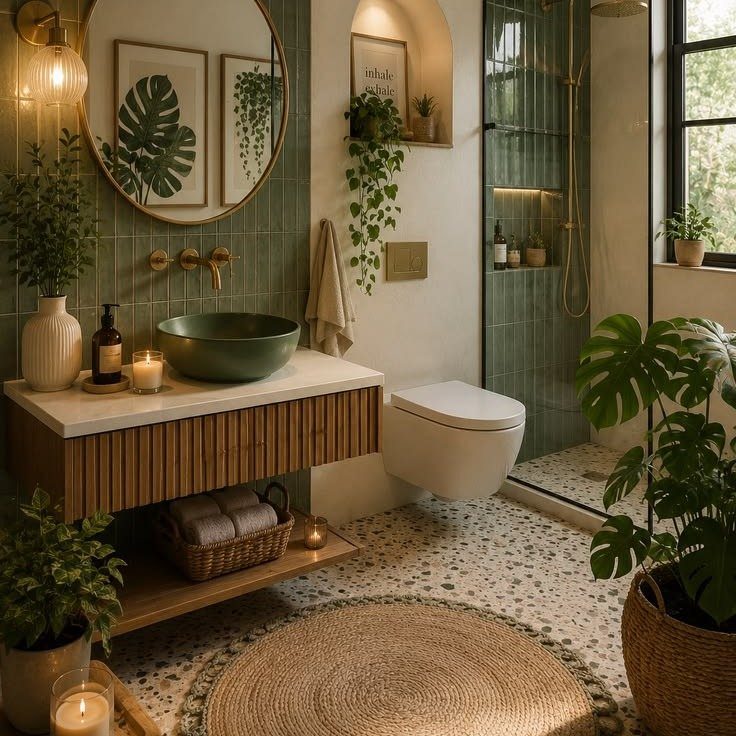 Modern bathroom with sage green tiles, wooden vanity, green sink, and lush indoor plants.
