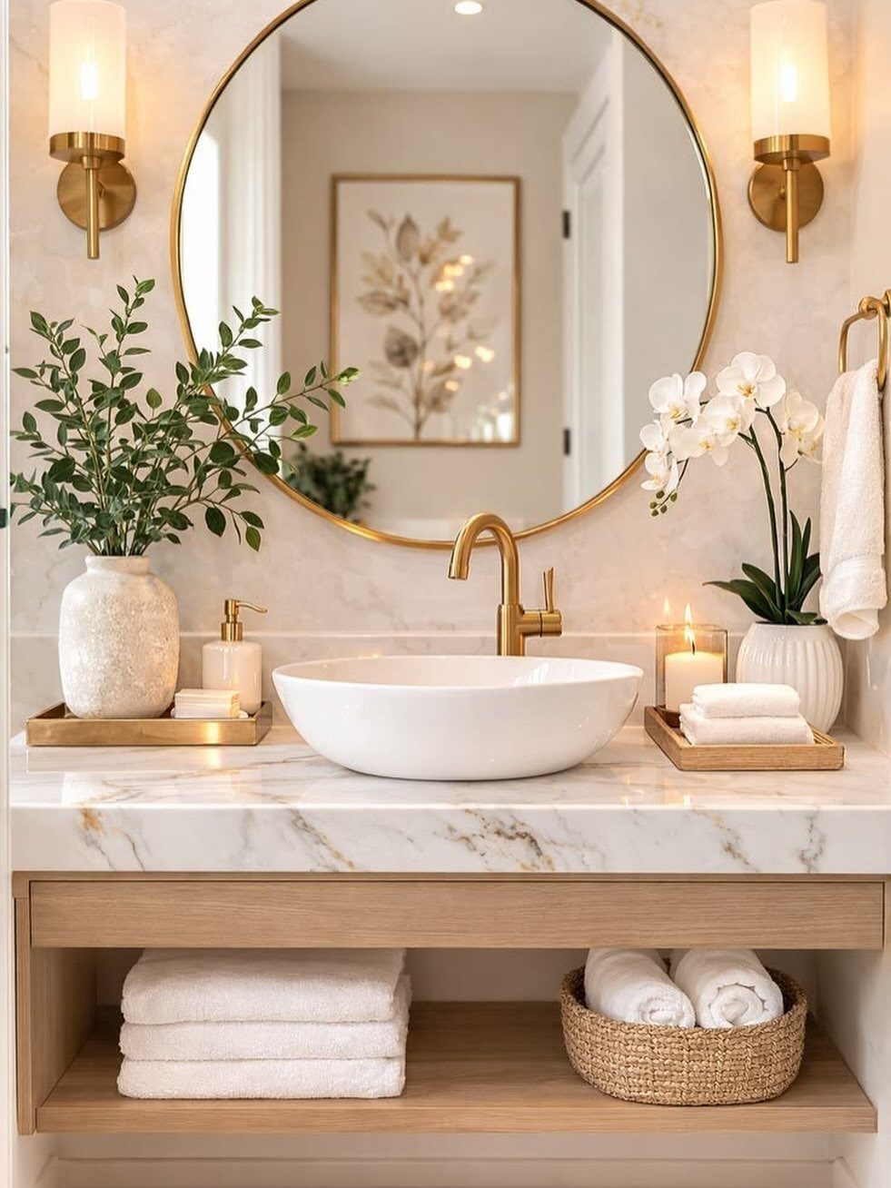Gold round mirror and sconces mounted on a marble wall above a white vessel sink.