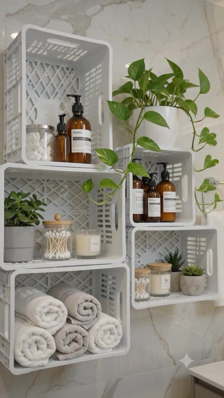 White plastic crates mounted on a marble wall serving as open shelves for bathroom essentials.