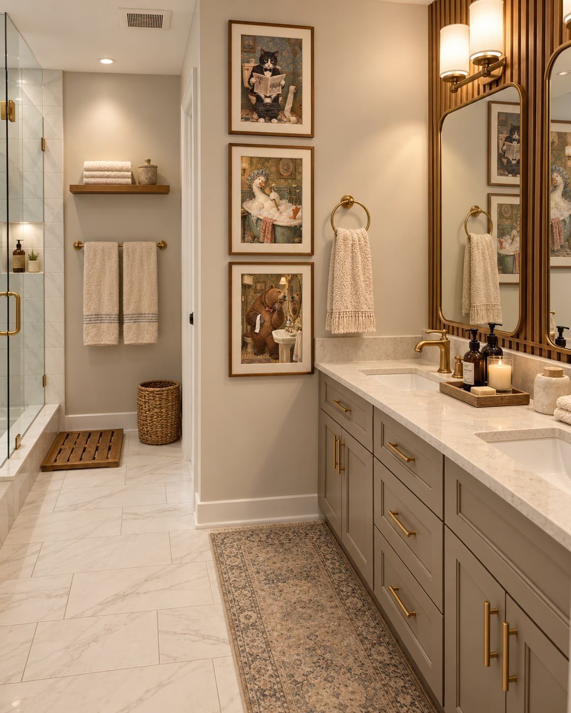 Modern bathroom with grey vanity, gold fixtures, marble countertops, and framed art on beige walls.