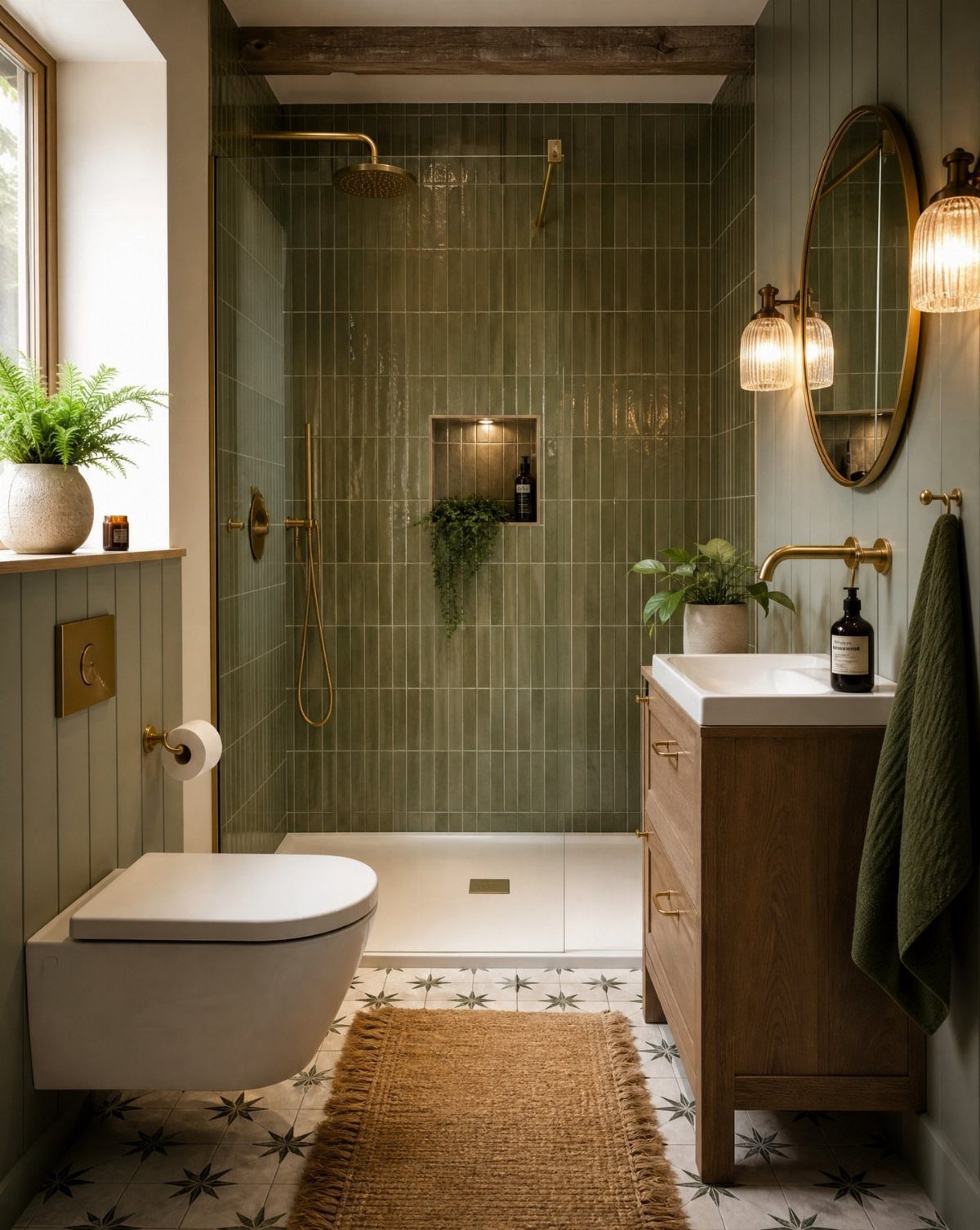 Green tiled bathroom with wooden vanity, gold fixtures, and potted plants on the windowsill and sink.