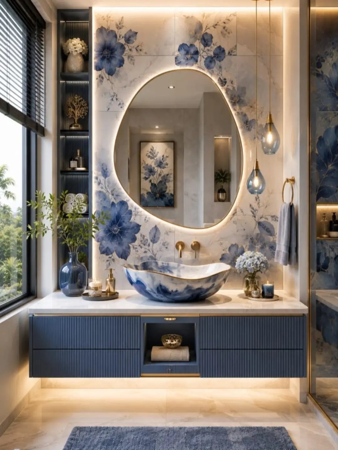 Blue floral wallpaper and a blue vanity sink in a modern bathroom setting.