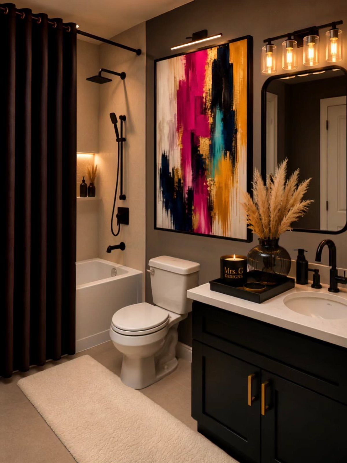 Modern bathroom with black vanity, white toilet, and large colorful abstract art on a dark wall.