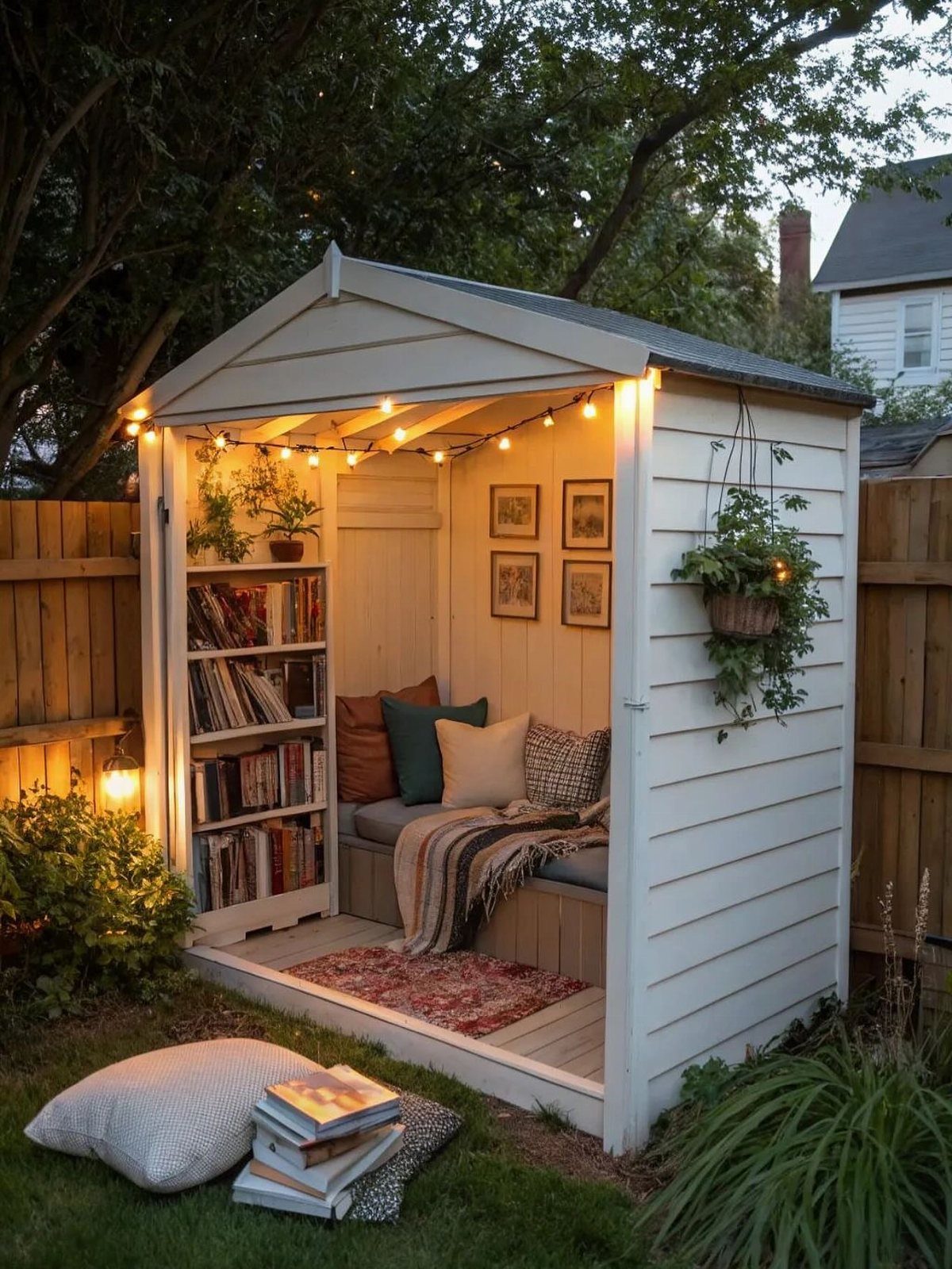 A cozy white wooden shed with a built-in seating area and books tucked into a garden nook.