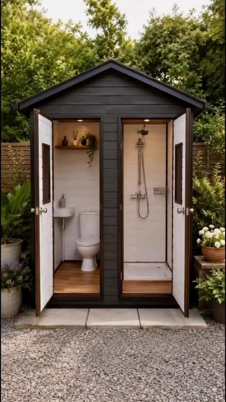 Black wooden garden shed with open doors showing an interior bathroom and shower stall.