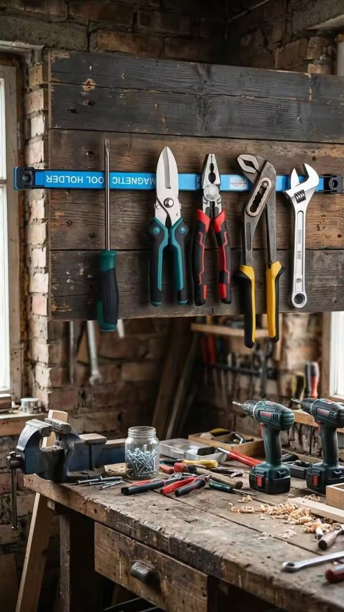 Metal tools hanging from a blue magnetic strip mounted on a dark wooden wall above a workbench.
