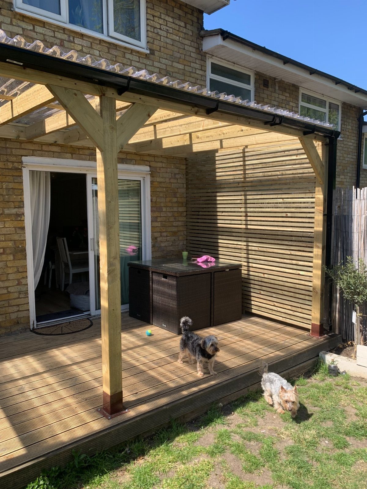 A wooden pergola with a translucent roof covering a small backyard deck with dogs.