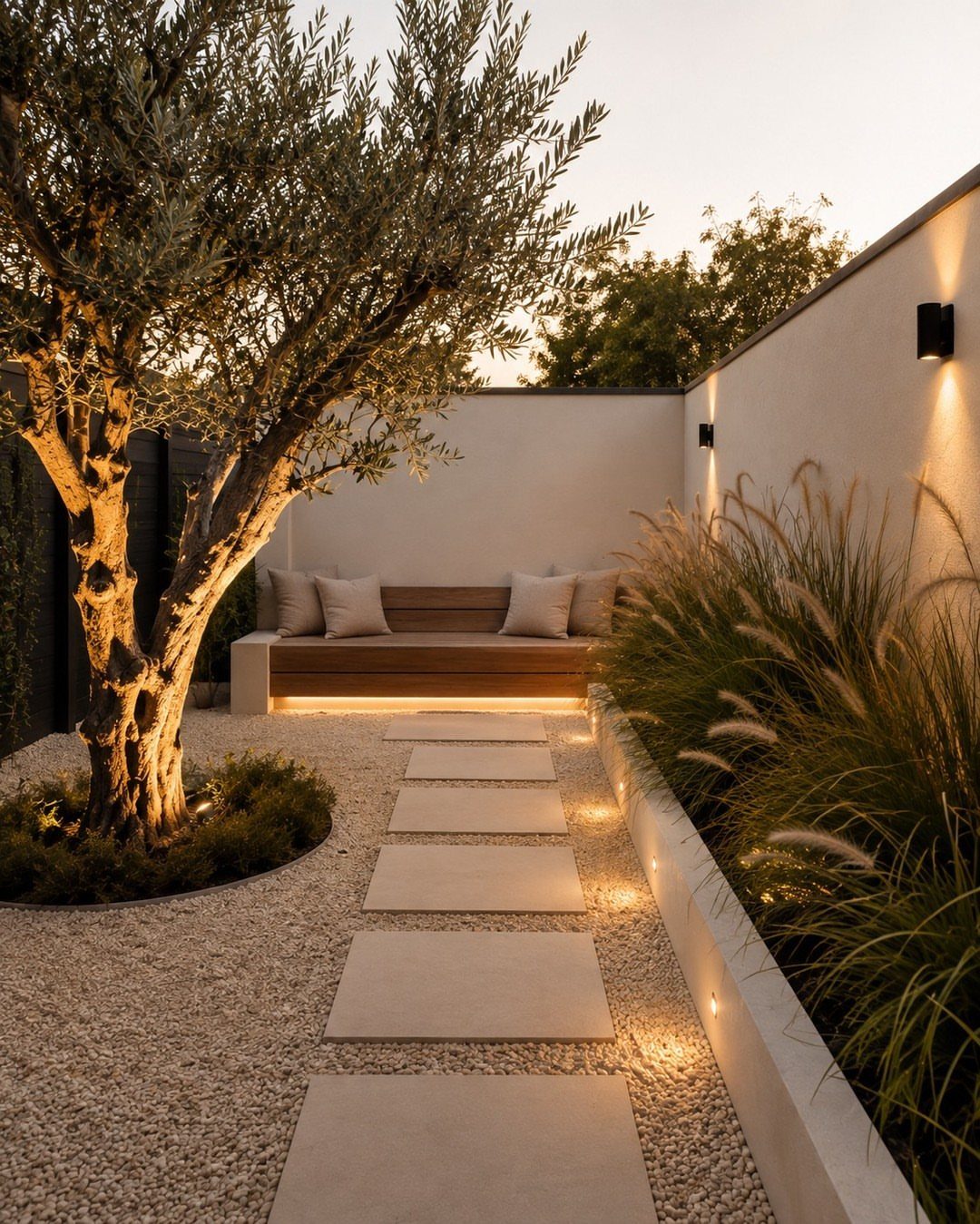 Modern backyard with gravel, stone pavers, a wooden bench, and ornamental grasses under warm evening lights.