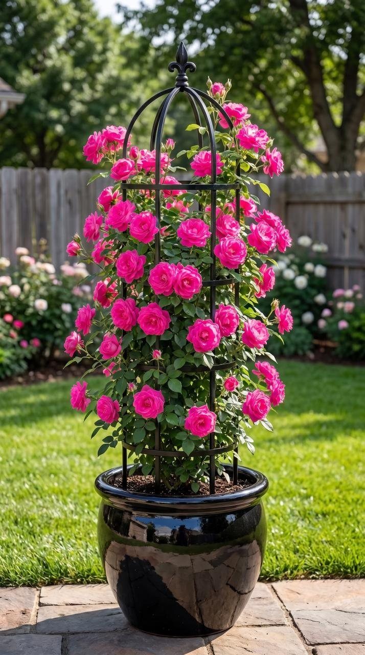 Pink roses growing on a black metal trellis inside a large black ceramic planter.