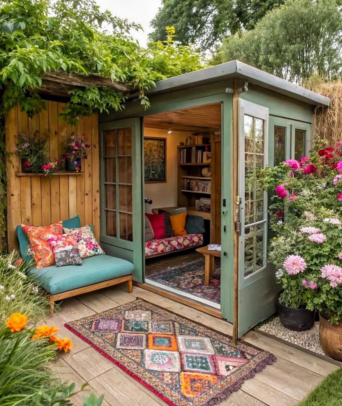 A green garden studio with an open door leading to a cozy interior reading nook.