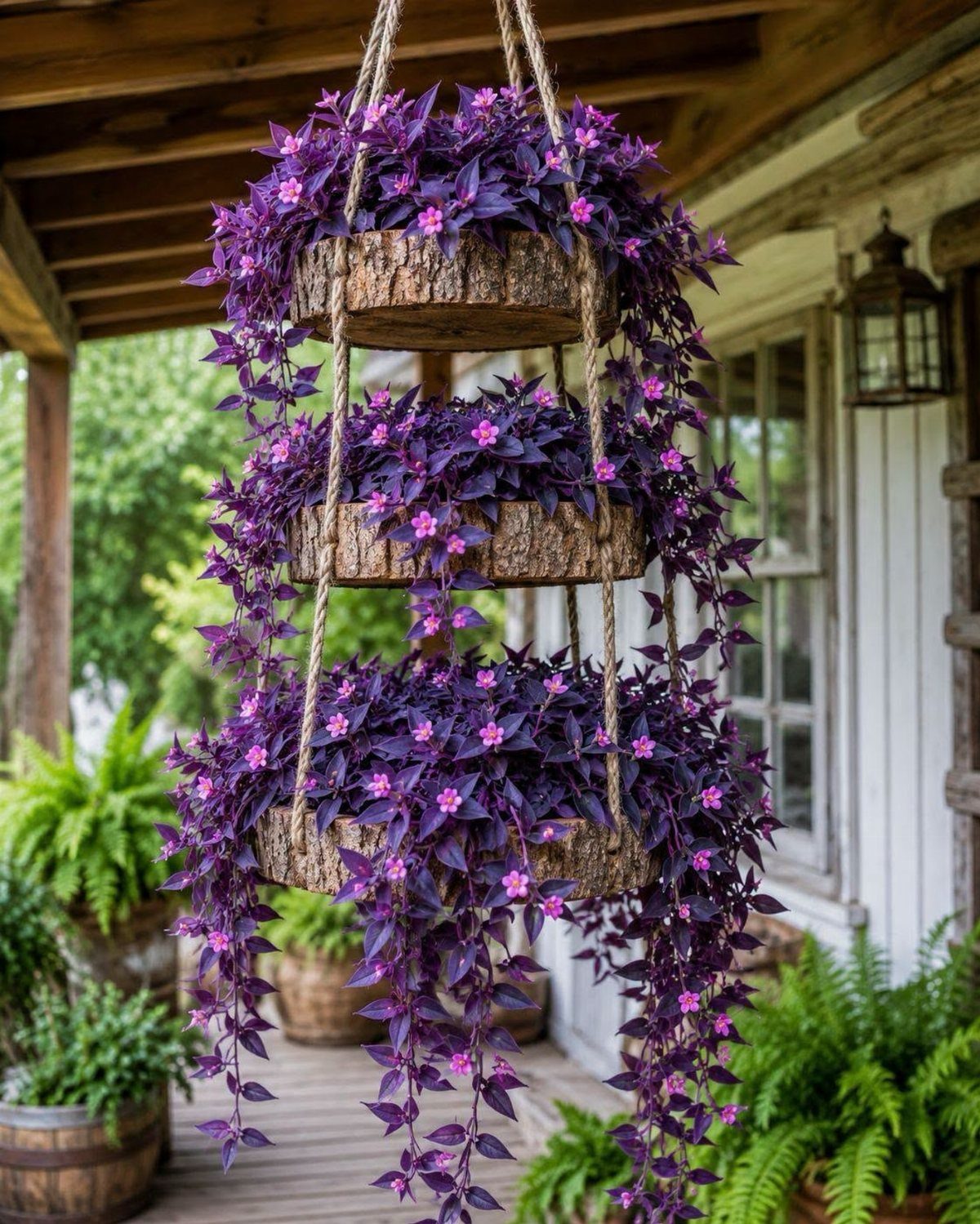 Three rustic wooden hanging planters filled with trailing purple plants and pink flowers hanging from a porch.
