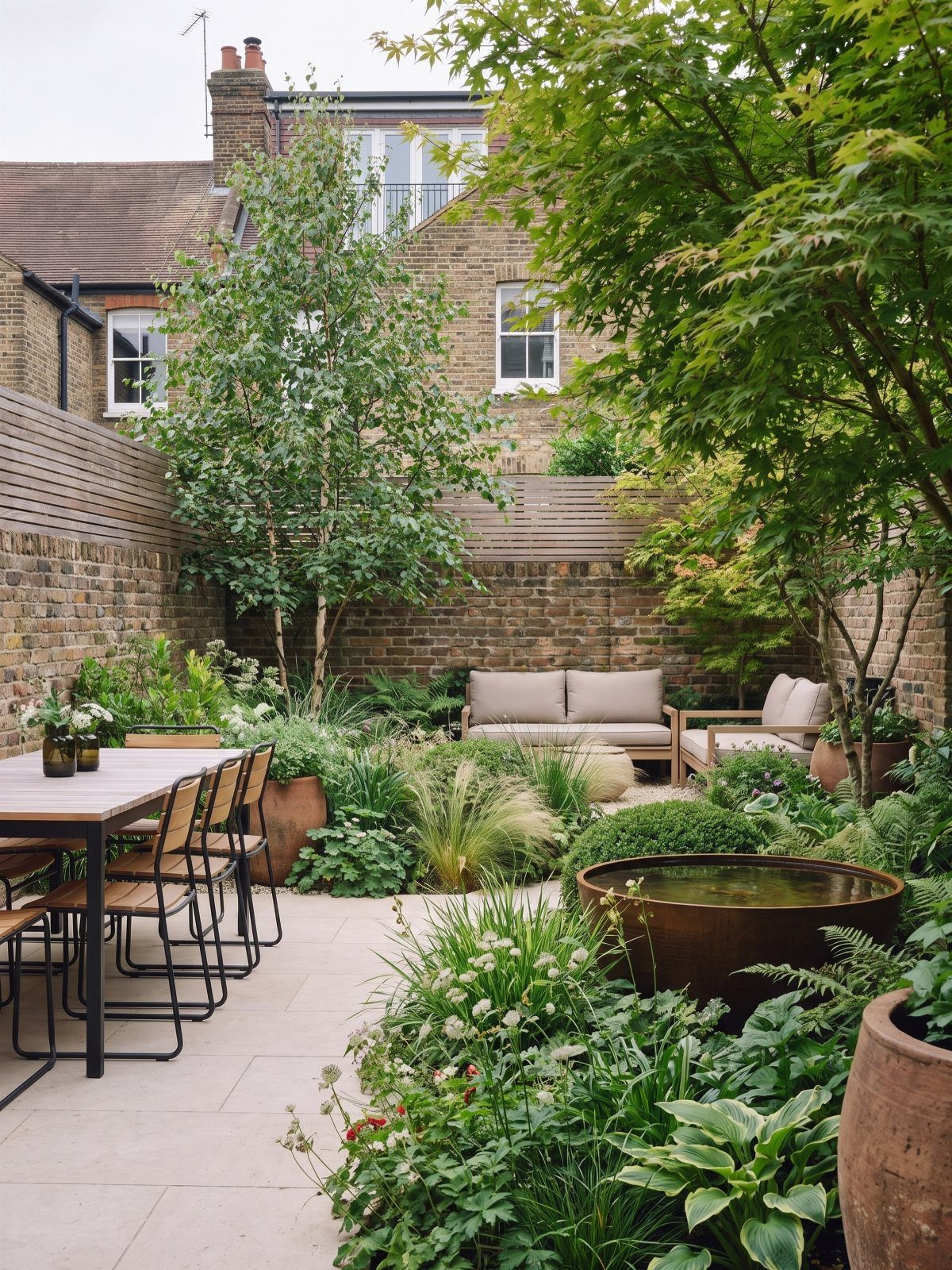 Lush courtyard garden with layered plants, stone patio, dining set, and outdoor seating against brick walls.