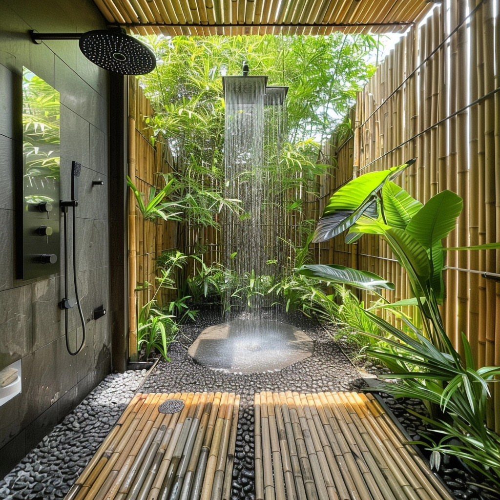 An outdoor rainfall shower cascading with water amidst lush green tropical plants and bamboo fencing.