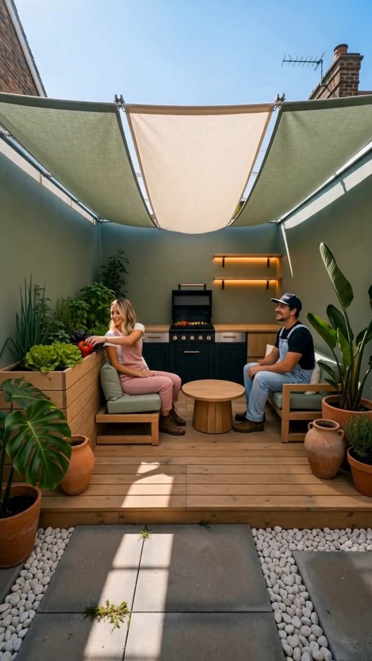 A man and woman relax on a wooden patio under a large fabric shade sail.