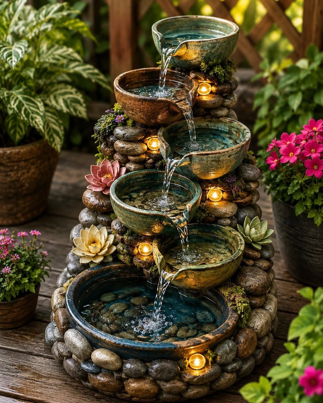 A tiered ceramic water fountain with cascading water and glowing lights nestled among garden plants.
