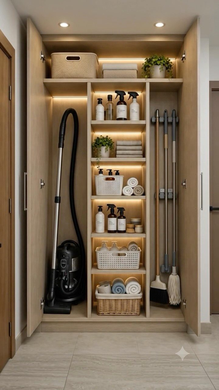 An organized light wood closet containing a vacuum, cleaning bottles, brooms, and various storage baskets.