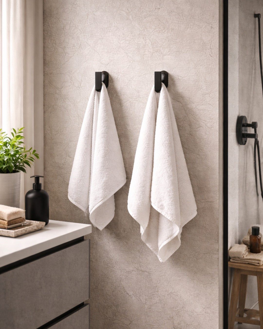 Two white towels hanging from black hooks on a textured beige bathroom wall.