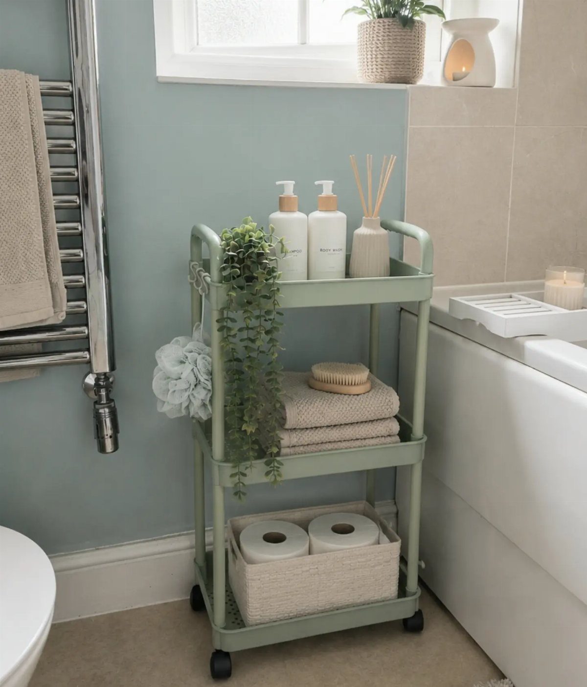 A light green three-tier rolling cart filled with bathroom essentials sits next to a white bathtub.