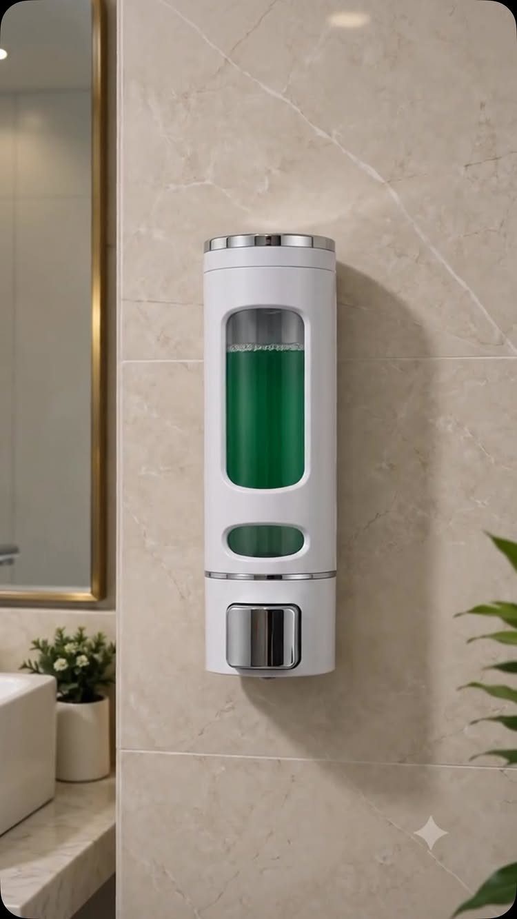 A white wall-mounted dispenser with green liquid mounted on a marble tile wall.